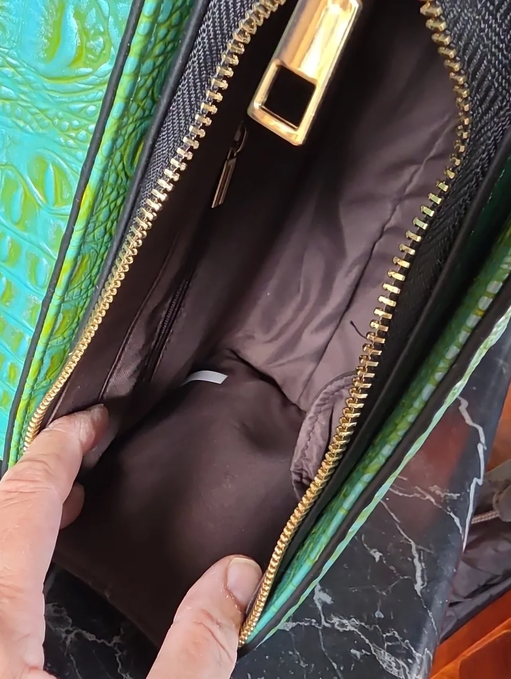 Iridescent Green Croc-Embossed Top-Handle Bag